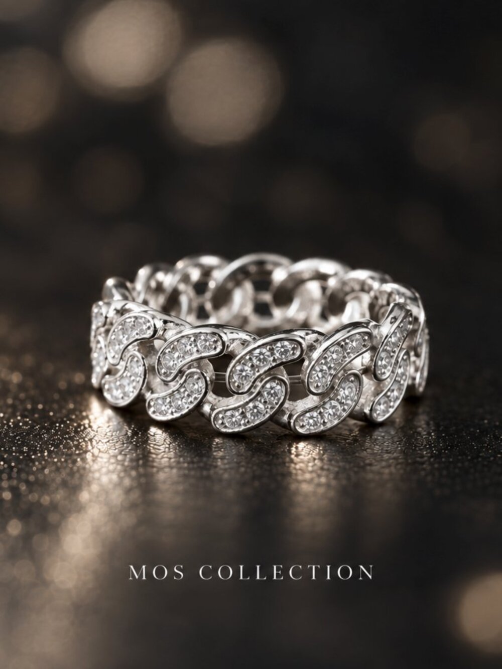 18K White Gold CZ Crystal Cuban Link Statement Ring Chunky Chain Size 8